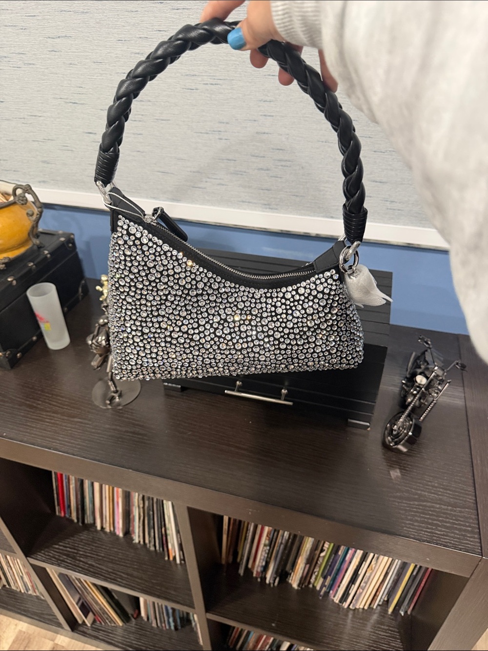 Black Crystal-Embellished Braided-Handle Shoulder Bag